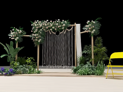 Commercial Event Decor Equipment With Floral Arch Hanging Stripes Green Plants And Yellow Chair 3d model