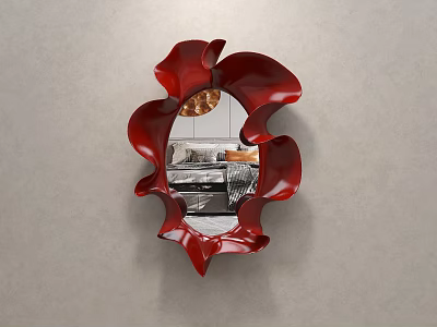 Stylish Red Wavy Decorative Wall Mirror Reflecting Modern Bedroom Interior 3d model