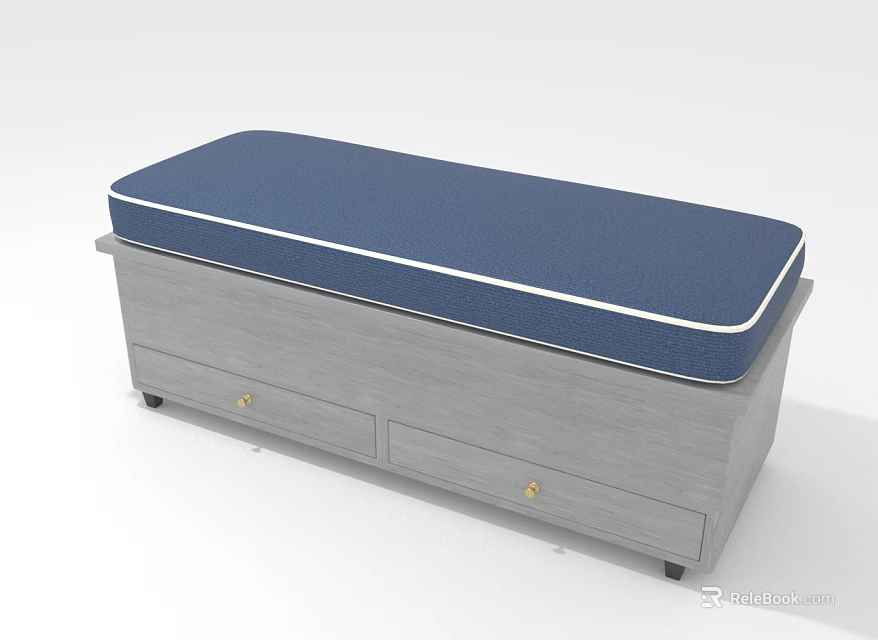 Upholstered Storage Bench With Blue Padded Top Gray Wooden Frame Drawers And Golden Handles 3d model 