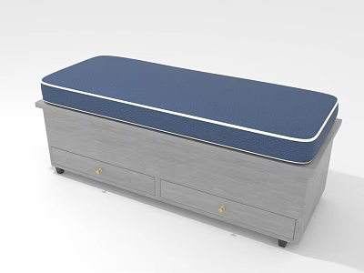 Upholstered Storage Bench With Blue Padded Top Gray Wooden Frame Drawers And Golden Handles 3d model