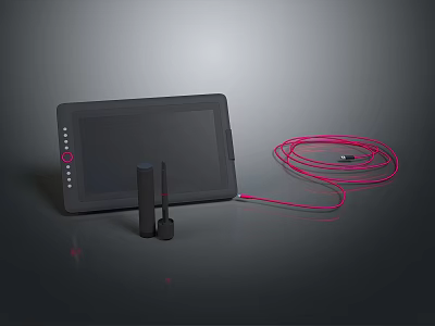 Black Digital Graphics Drawing Tablet With Stylus Pen And Red Charging Cable 3d model
