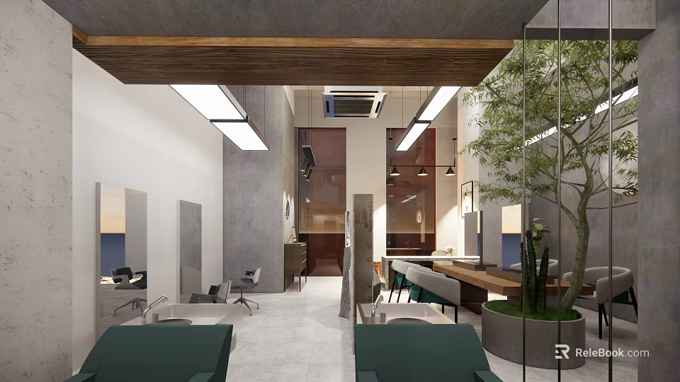Modern Beauty Hair Salon Interior Design With Mirrors Chairs Green Plants And Wooden Ceiling 3d model 