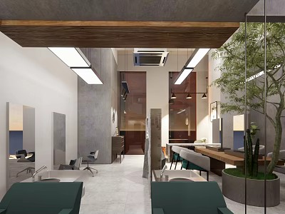 Modern Beauty Hair Salon Interior Design With Mirrors Chairs Green Plants And Wooden Ceiling 3d model