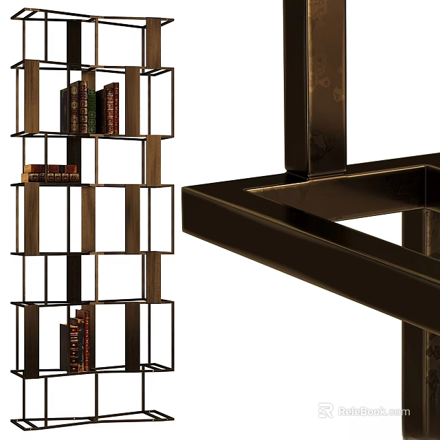 Modern Two Seater Sofa With Metal Frame And Wooden Bookshelf Holding Stacked Books 3d model 