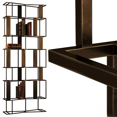 Modern Two Seater Sofa With Metal Frame And Wooden Bookshelf Holding Stacked Books 3d model