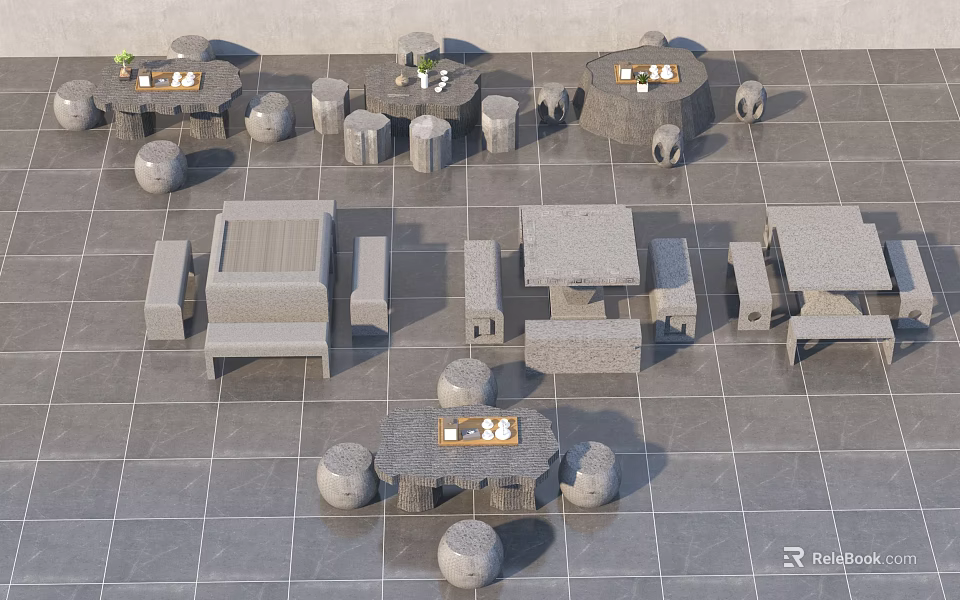 Modern Stone Table and Chair Combinations with Round and Rectangular Designs 3d model