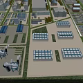 Modern Industrial Factory Buildings Aerial View with Blue Roof Green Area and Organized Layout