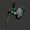 Futuristic Warrior Character In Silver Black Armor With Green Glowing Sword And Shield