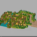 Cartoon Style Miniature Village Model With Colorful Houses Green Trees River And Roads