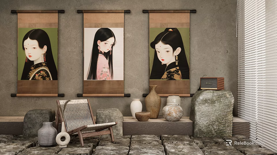 Oriental Decorative Ornaments Combination With Traditional Paintings Vases And Stone Decor 3d model 