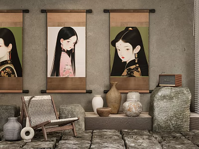 Oriental Decorative Ornaments Combination With Traditional Paintings Vases And Stone Decor 3d model
