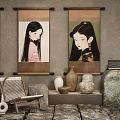 Oriental Decorative Ornaments Combination With Traditional Paintings Vases And Stone Decor