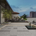 Modern Roof Garden with Outdoor Furniture Umbrella Green Plants City View and Water Fountain