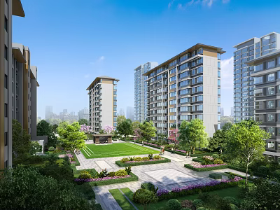 Modern Residential Buildings Exterior Design With Green Lawn Landscaped Garden And Trees 3d model