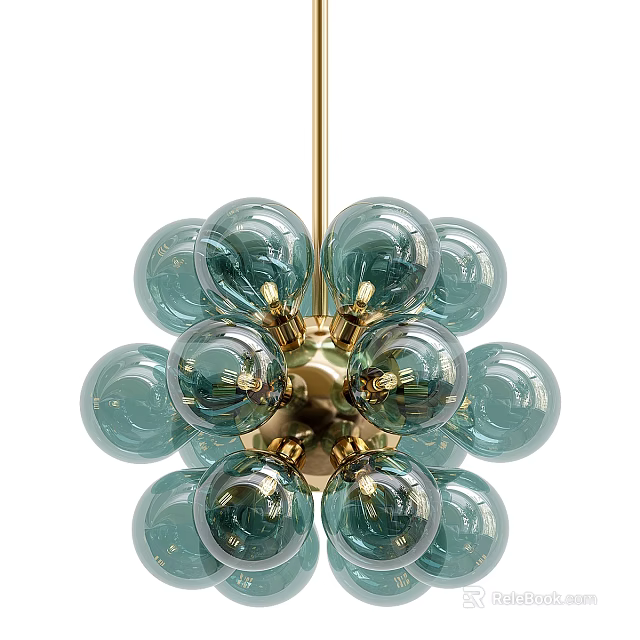 Modern Elegant Chandelier With Teal Glass Orbs And Gold Frame Design 3d model 