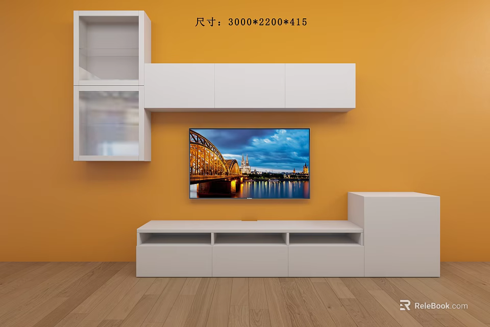 Orange TV Background Wall with White Shelves TV Stand and Bridge Night View 3d model 