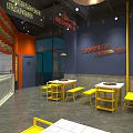 Hotpot Restaurant Interior Featuring Orange Walls Display Jars Counter and Yellow Tables