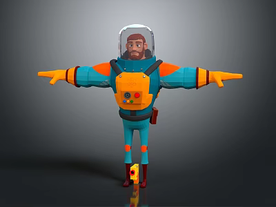 Game Movie Character In Blue And Orange Spacesuit With Transparent Helmet Bearded Arms Outstretched Red Boots 3d model