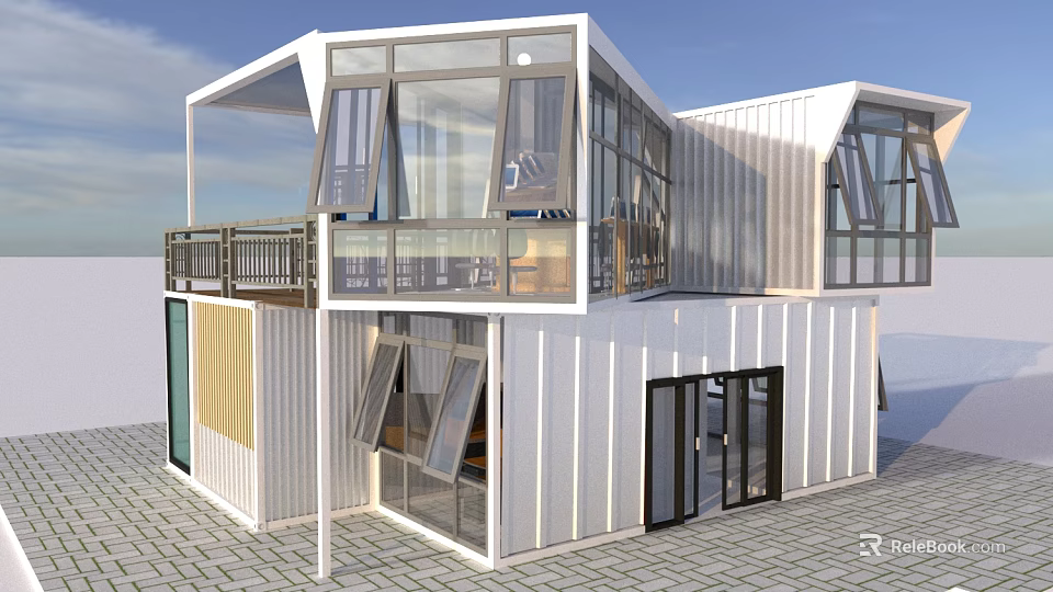 Modern Two Story Container Building With Large Glass Windows And Balcony Design 3d model 