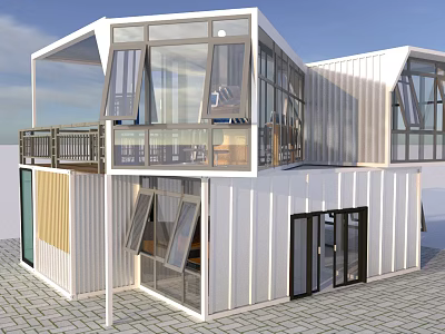 Modern Two Story Container Building With Large Glass Windows And Balcony Design 3d model