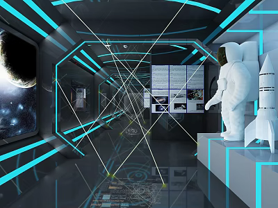 Futuristic Space Exhibition Hall With Astronaut Model Rocket Display And Starry Background 3d model