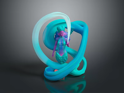 Purple Pink Humanoid Character With Teal Bioluminescent Creature And Curved Tentacle Like Structures 3d model