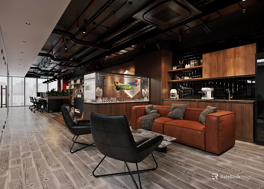 Modern Public Office Space Interior With Comfortable Sofa And Wooden Elements 3d model