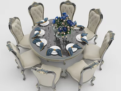 Classic Round Dining Table Set With Six Ornate Chairs And Blue Flower Bouquet 3d model