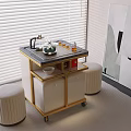 Modern Tea Table With Gold Frame White Cabinets And Striped Stools With Tea Set 3d model