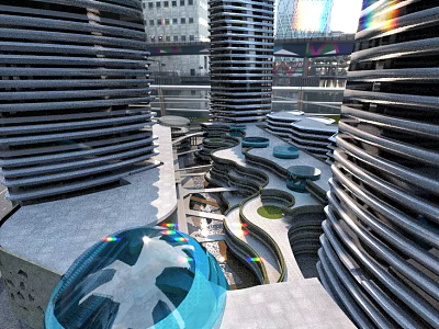 Modern Commercial Complex With Spiral Structures Glass Dome And Urban Landscape 3d model