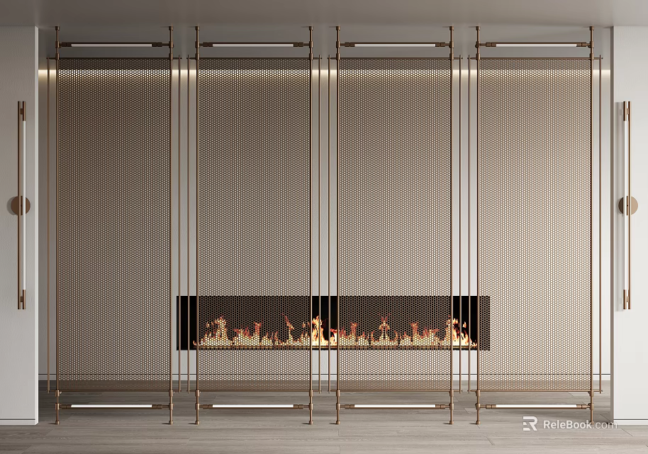 Modern Room Divider With Metal Frame Grid Design Accentuated By Fireplace Flames In Elegant Interior 3d model 