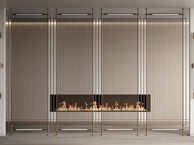 Modern Room Divider With Metal Frame Grid Design Accentuated By Fireplace Flames In Elegant Interior 3d model