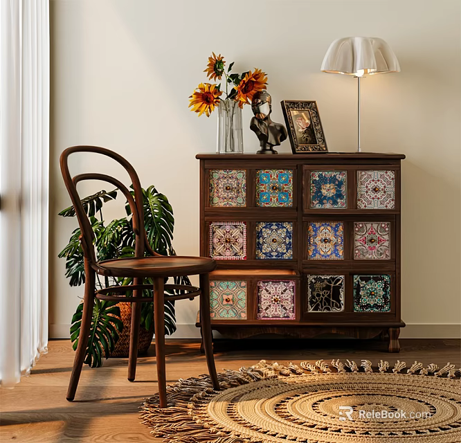 Vintage Console Table Side Cabinet With Colorful Tile Doors Vase Sunflowers Photo Frame And Lamp 3d model 