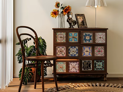 Vintage Console Table Side Cabinet With Colorful Tile Doors Vase Sunflowers Photo Frame And Lamp 3d model