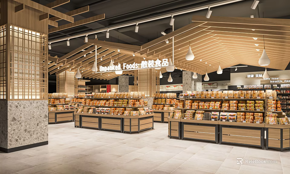 Modern Supermarket Department Store with Fresh Food Shelves and Organized Products 3d model 