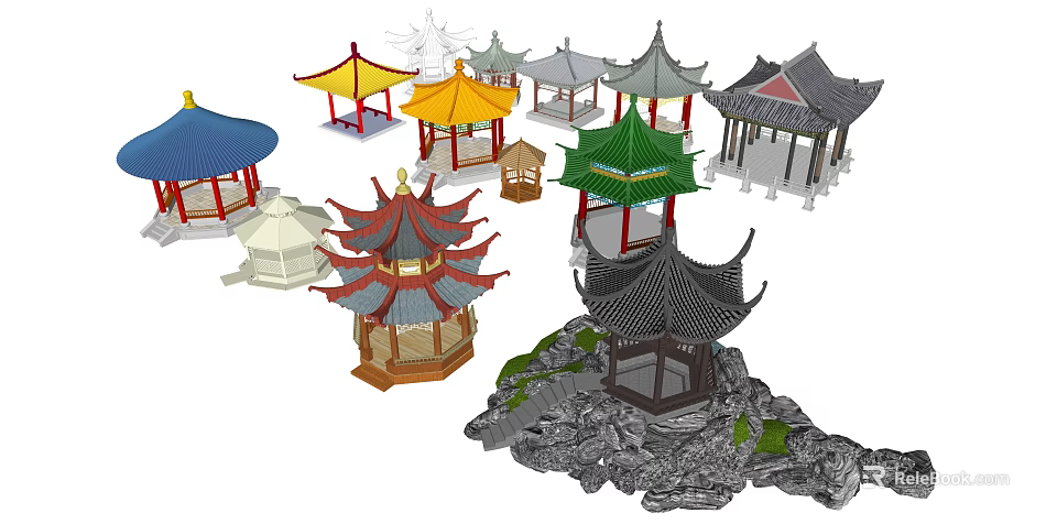 Ornate Chinese Garden Pavilions With Various Styles Colors And Rooftop Details 3d model 