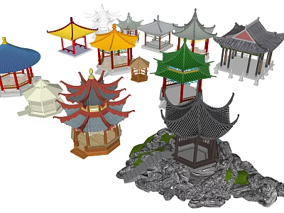 Ornate Chinese Garden Pavilions With Various Styles Colors And Rooftop Details 3d model