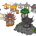 Ornate Chinese Garden Pavilions With Various Styles Colors And Rooftop Details
