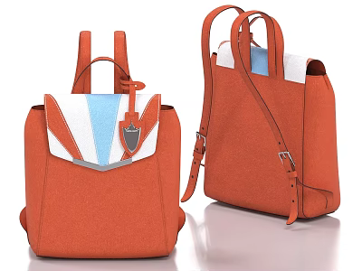 Two Orange Backpacks With White Blue Accents Metallic Details Front Back Views Displayed 3d model
