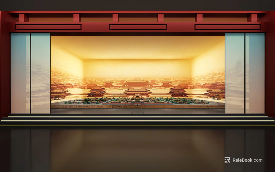 Traditional Scene With Red Frame Glass Doors Warm Lighting And Reflective Floor 3d model 