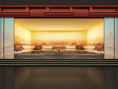 Traditional Scene With Red Frame Glass Doors Warm Lighting And Reflective Floor 3d model