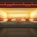 Traditional Scene With Red Frame Glass Doors Warm Lighting And Reflective Floor