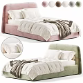 Double Bed With White and Pink Upholstered Headboard White Comforter and Brown Throw Blanket