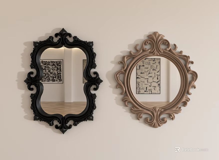 Two Decorative Mirrors With Black And Gold Ornate Frames Hanging On Wall Reflecting Artwork 3d model 