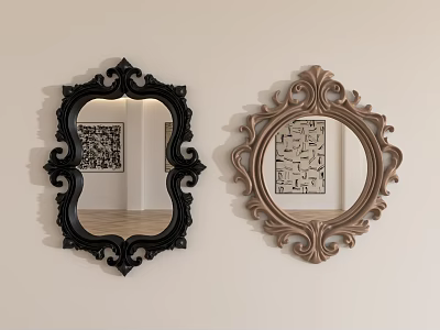 Two Decorative Mirrors With Black And Gold Ornate Frames Hanging On Wall Reflecting Artwork 3d model