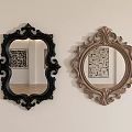 Two Decorative Mirrors With Black And Gold Ornate Frames Hanging On Wall Reflecting Artwork