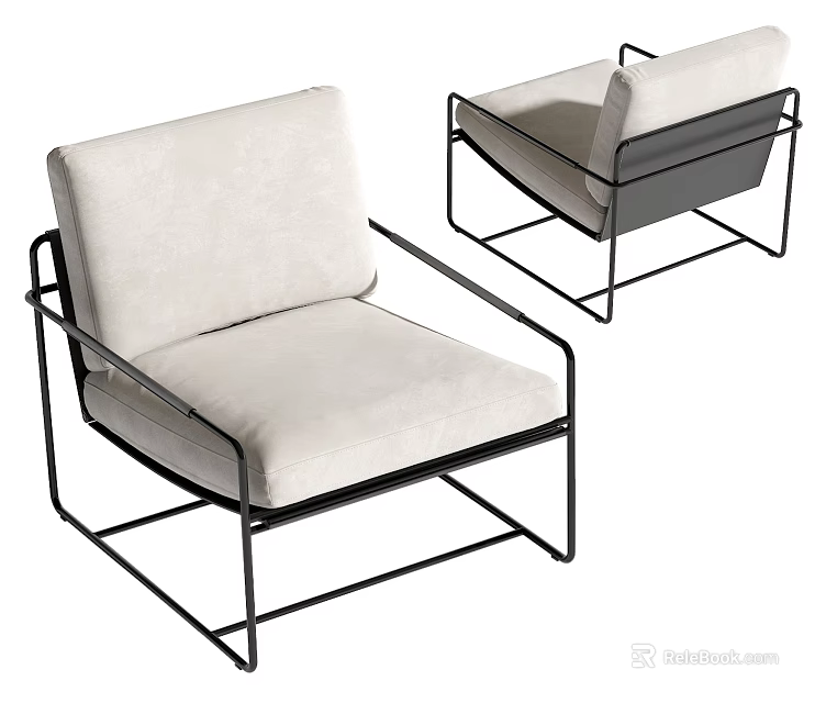 Modern Accent Chair With Beige Cushion And Black Metal Frame Design 3d model 