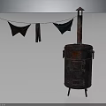 Rusty Vintage Stove With Chimney And Clothesline Hanging Colorful Garments