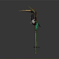 Anthropomorphic Bird Character With Wide Brimmed Hat Long Neck And Wings Beside Green Brown Staff