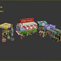 Colorful Food Truck Scene With Red Green Vehicle Umbrellas Vendor Stalls And Menu Signs